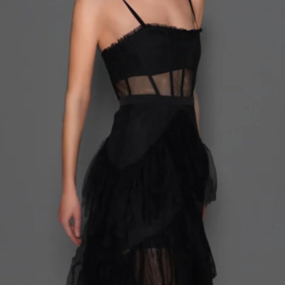 BLACK SHEER PANEL CORSET TULLE MAXI DRESS